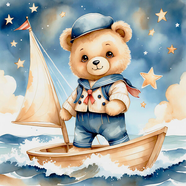 Teddy bear in a sailor outfit on a boat