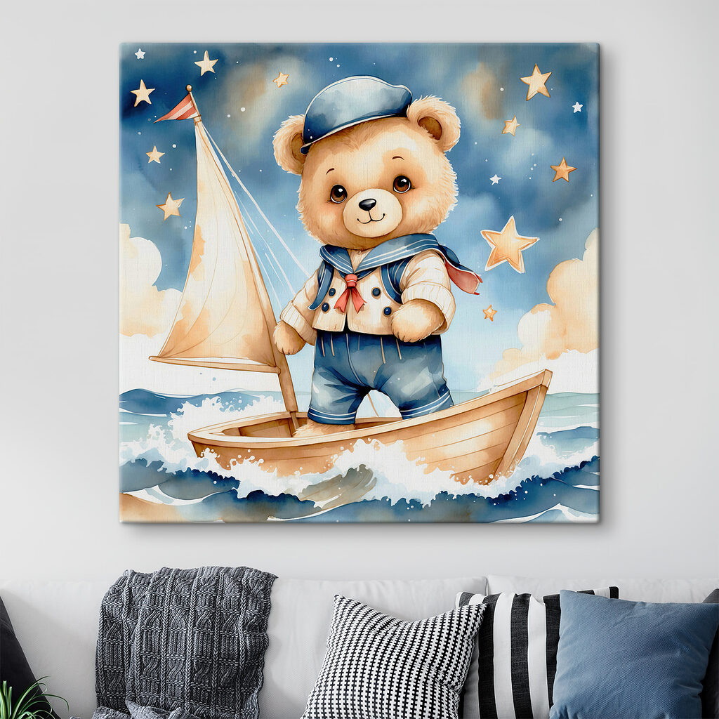 Teddy bear in a sailor outfit on a boat