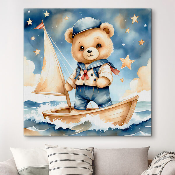 Teddy bear in a sailor outfit on a boat