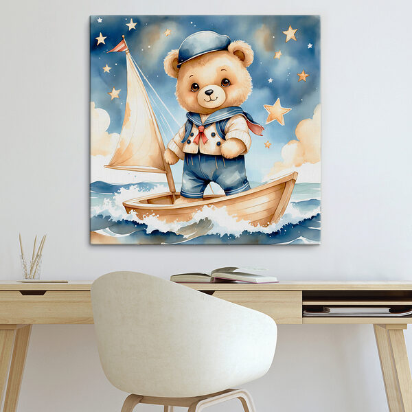 Teddy bear in a sailor outfit on a boat