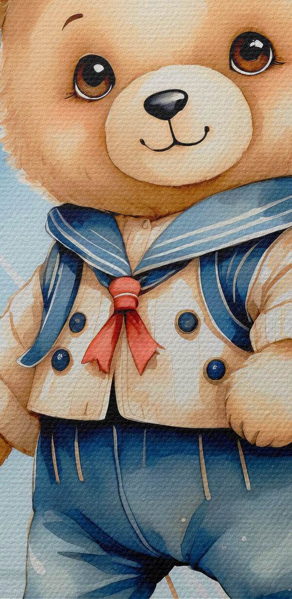 Teddy bear in a sailor outfit on a boat