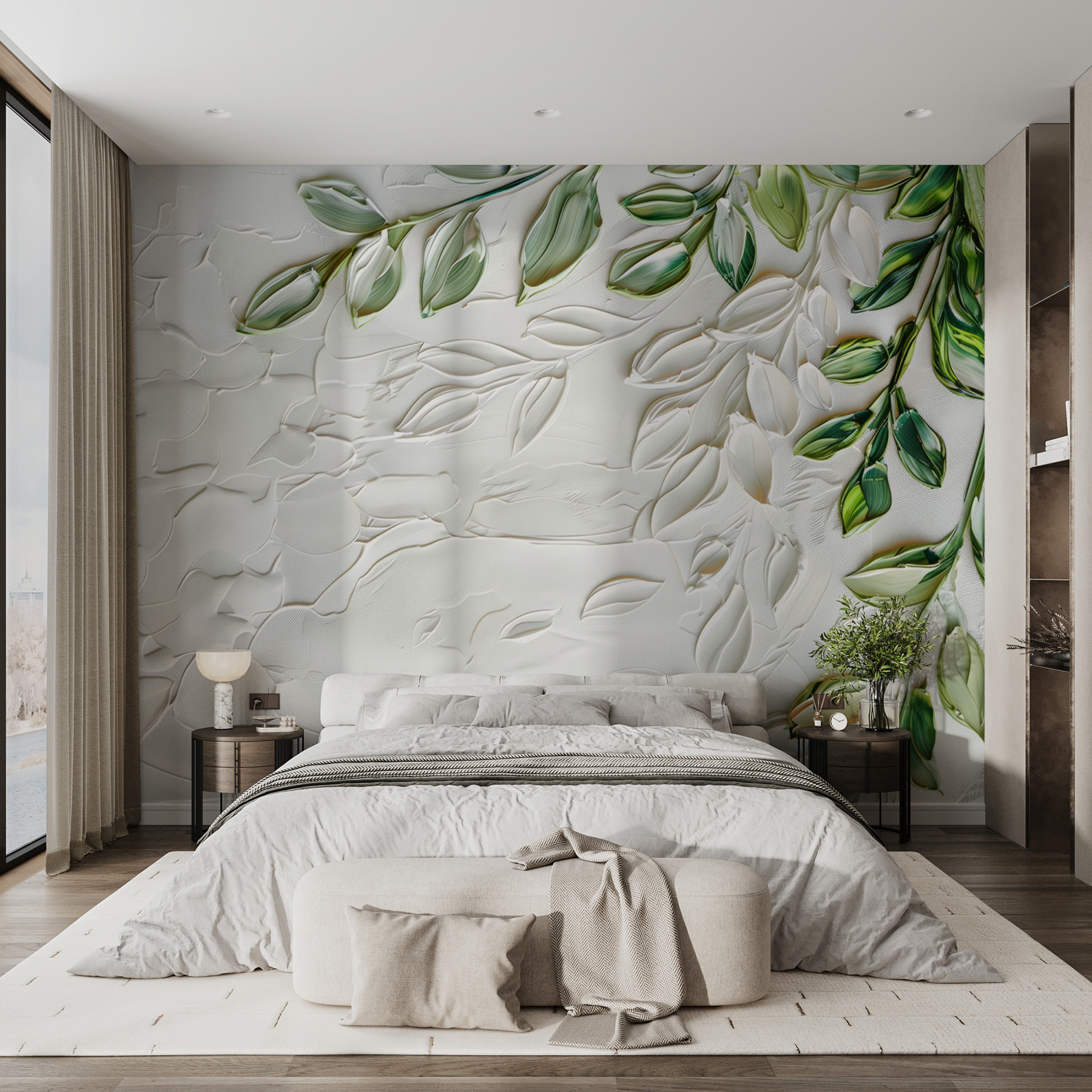 White surface with green leaves White surface with green leaves