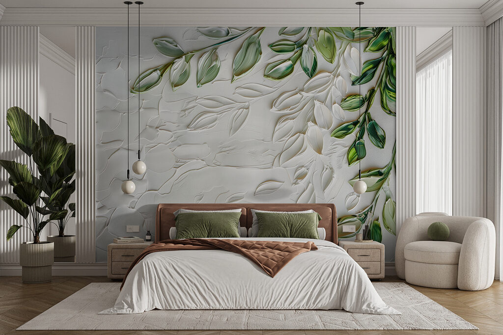 White surface with green leaves White surface with green leaves