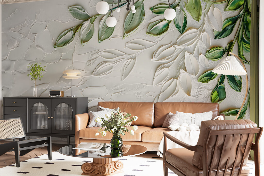 White surface with green leaves White surface with green leaves