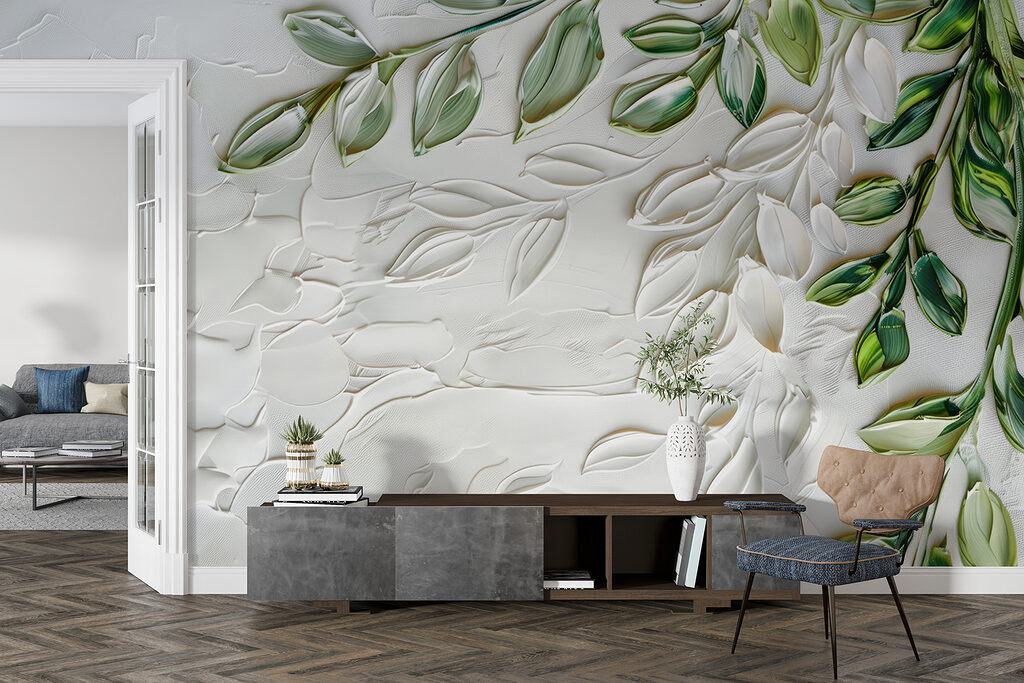 White surface with green leaves White surface with green leaves