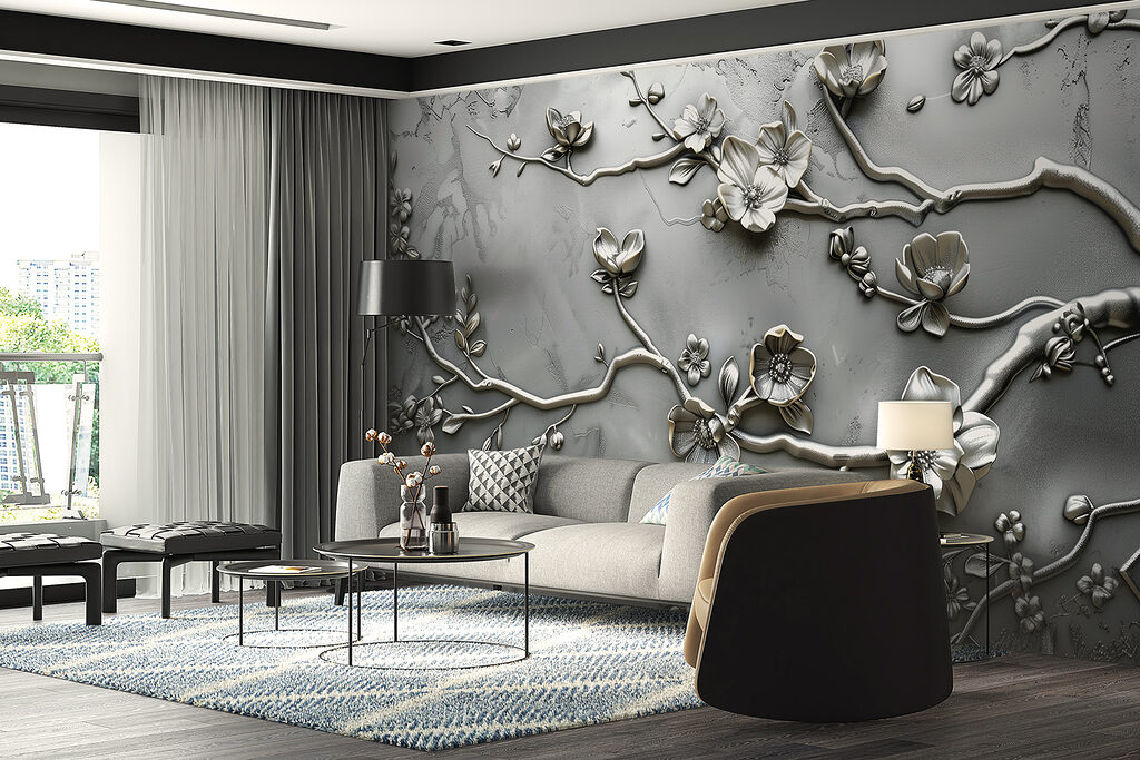 Silver floral design on a wall