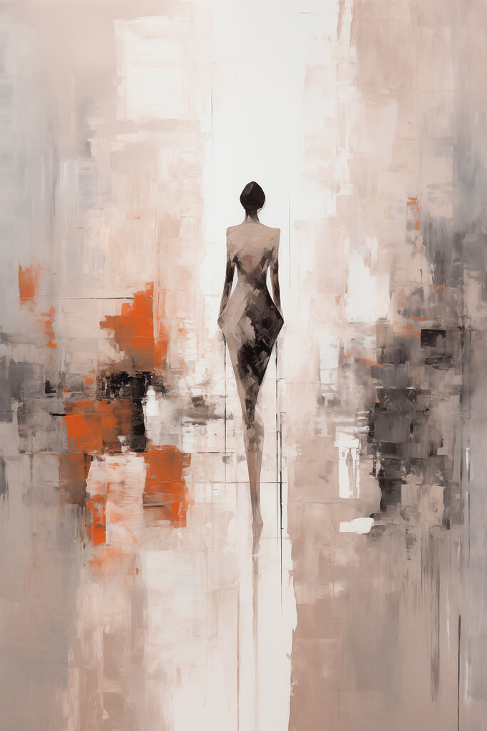 Painting of a woman standing in a room Painting of a woman standing in a room
