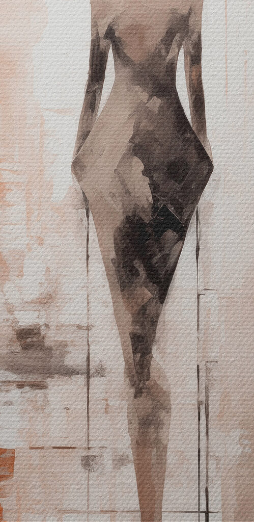Painting of a woman standing in a room Painting of a woman standing in a room