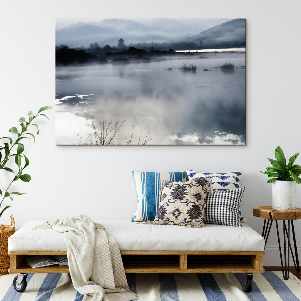 Foggy landscape with mountains and water
