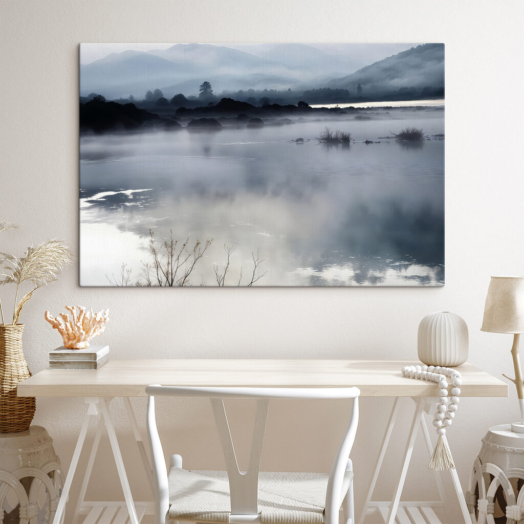 Foggy landscape with mountains and water