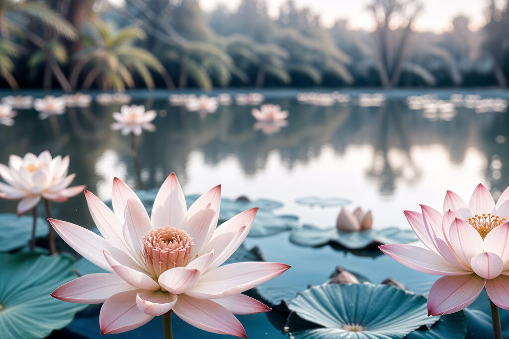 Pink and white flowers on a lake Pink and white flowers on a lake