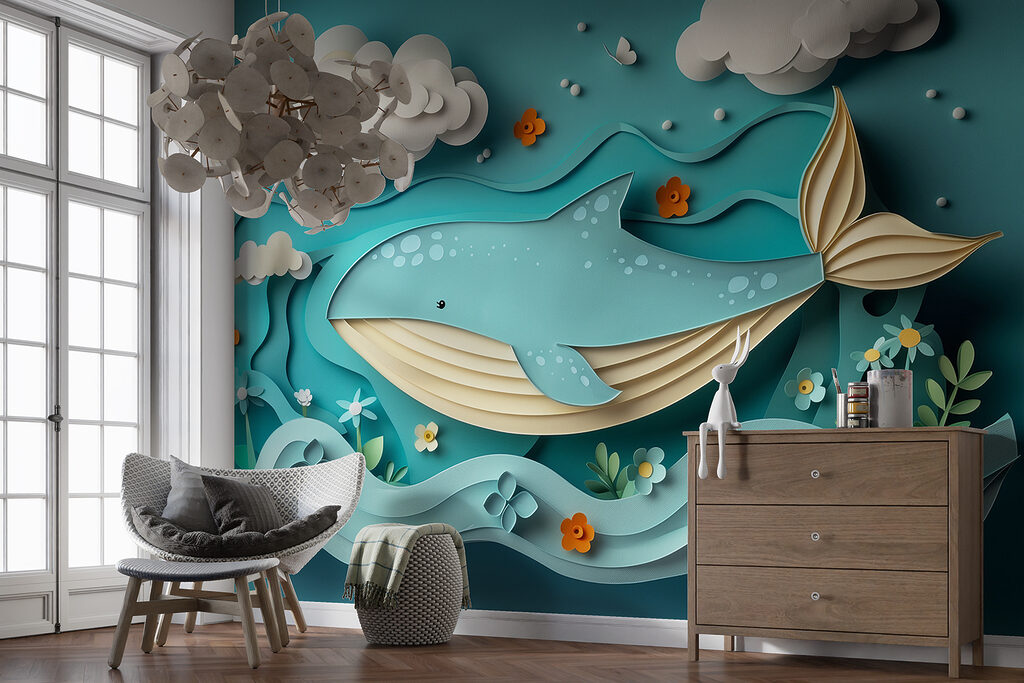 Paper cut whale in the ocean