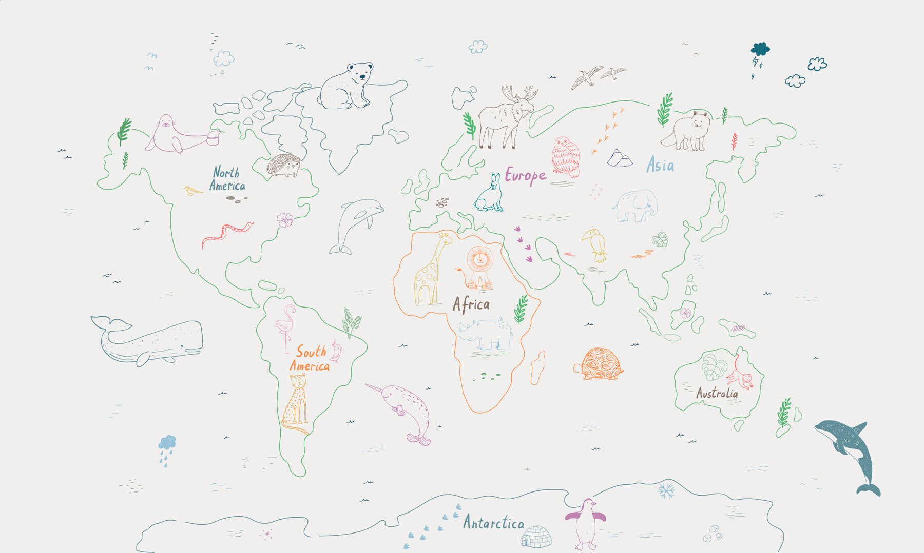 Map of the world with animals and text