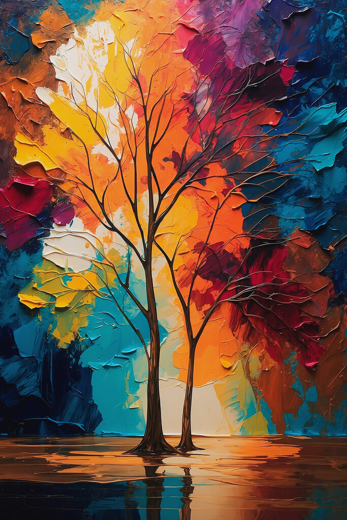 Painting of trees with colorful leaves
