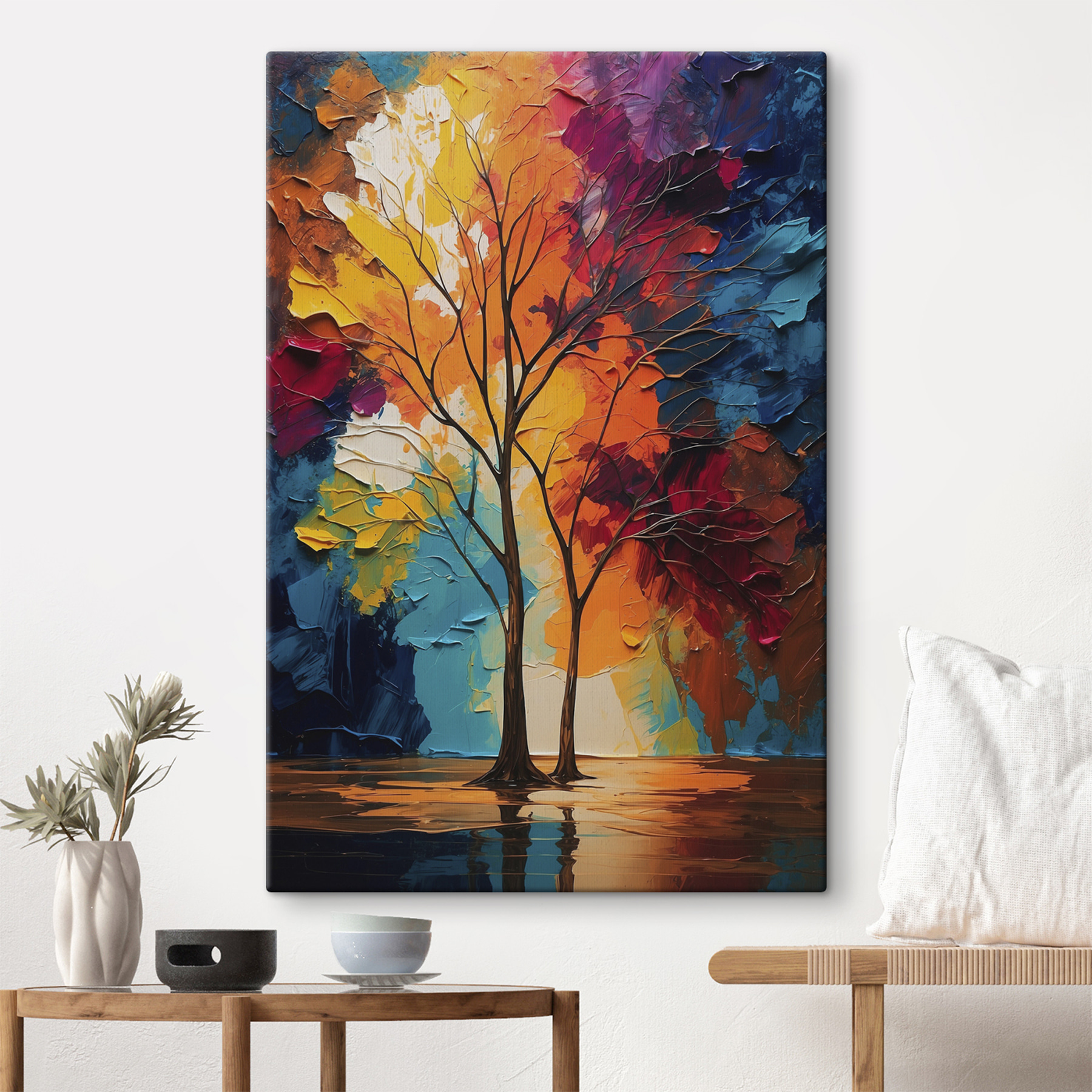 Painting of trees with colorful leaves