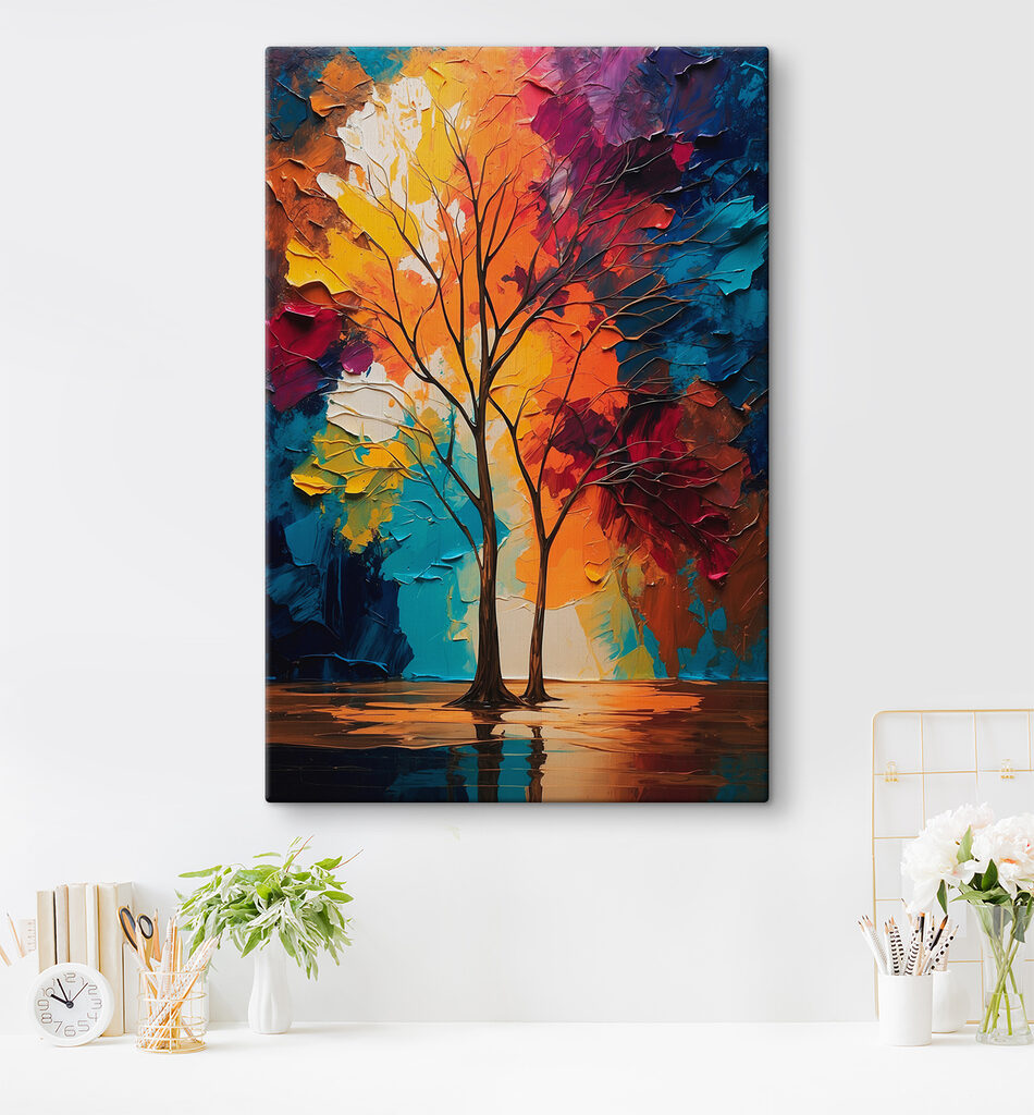 Painting of trees with colorful leaves