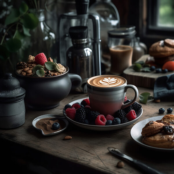 Ceașcă de cafea cu un latte art pe o farfurie cu fructe și cereale Ceașcă de cafea cu un latte art pe o farfurie cu fructe și cereale