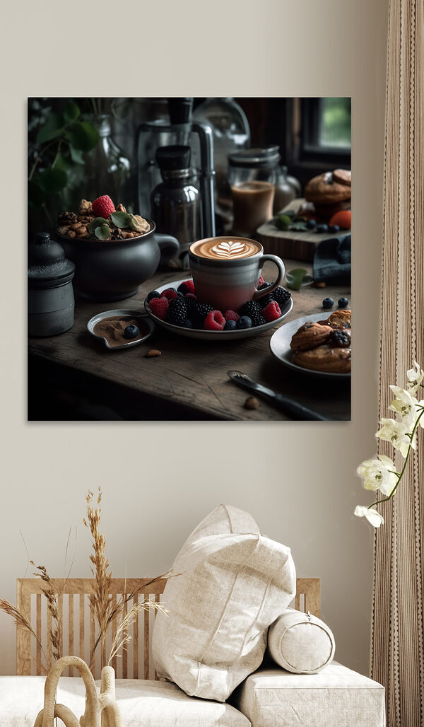 Ceașcă de cafea cu un latte art pe o farfurie cu fructe și cereale Ceașcă de cafea cu un latte art pe o farfurie cu fructe și cereale
