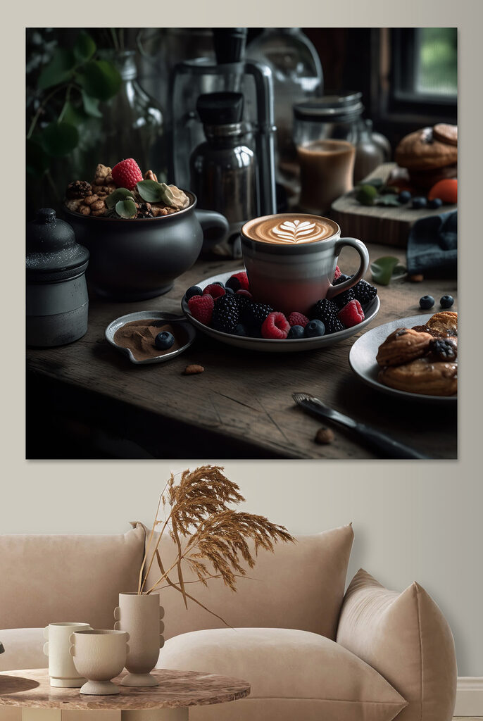 Cup of coffee with a latte art on a plate with fruit and cereals