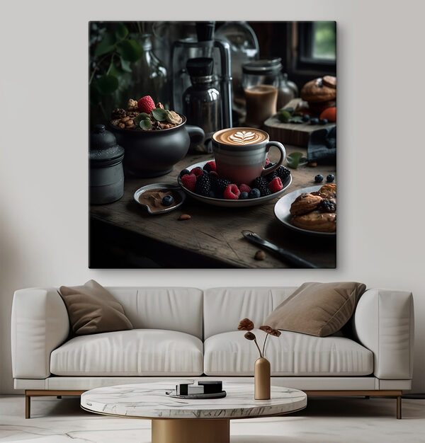 Ceașcă de cafea cu un latte art pe o farfurie cu fructe și cereale Ceașcă de cafea cu un latte art pe o farfurie cu fructe și cereale