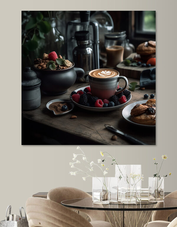 Ceașcă de cafea cu un latte art pe o farfurie cu fructe și cereale Ceașcă de cafea cu un latte art pe o farfurie cu fructe și cereale
