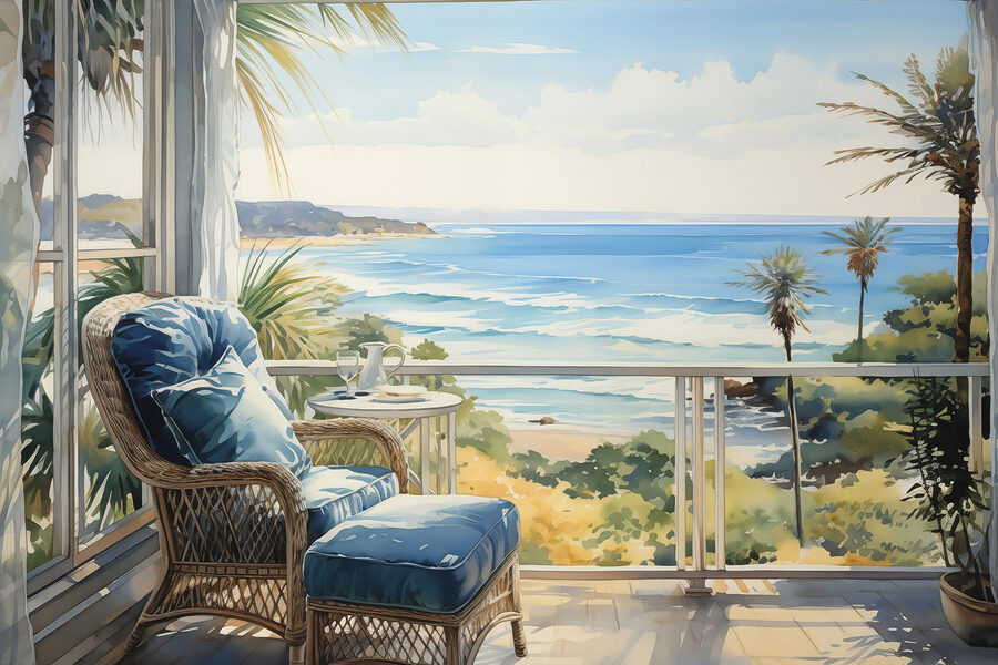 Fototapet Pictura acuarelă a unui scaun și o masă pe un balcon cu vedere la o plajă - imagine 3