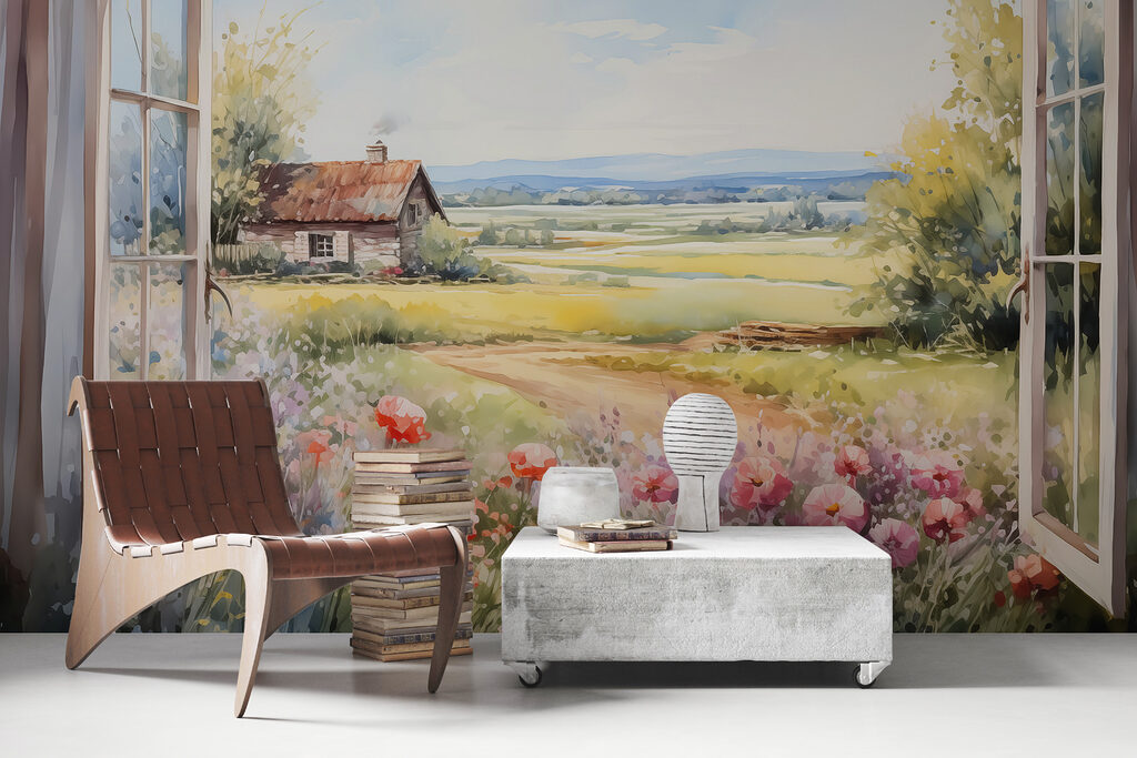 Painting of a house and flowers Painting of a house and flowers