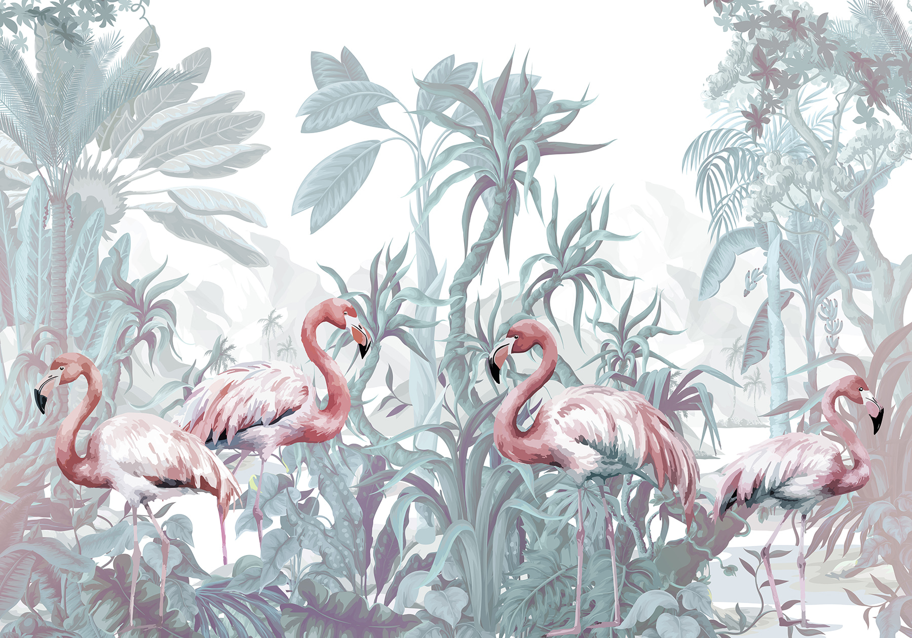 Group of flamingos in a jungle