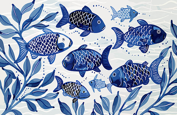 Group of blue fish swimming in water