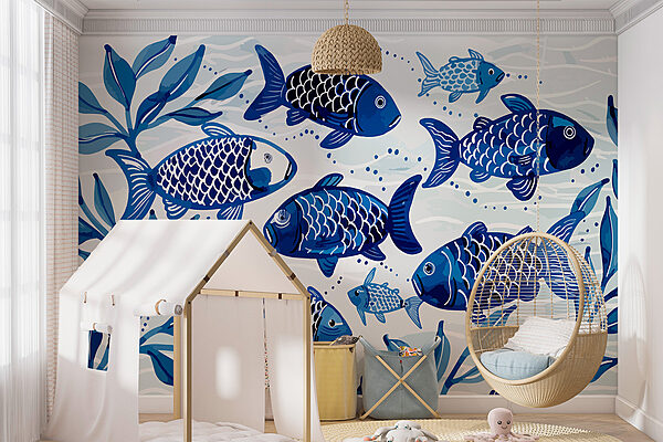 Fototapet Grup de pești albaștri care înoată în apă