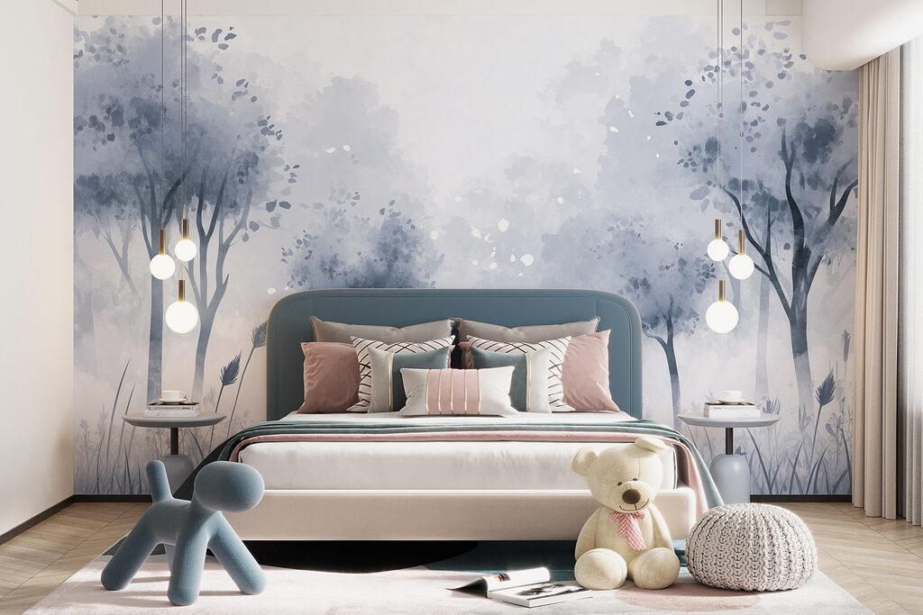 Foggy forest with trees and grass