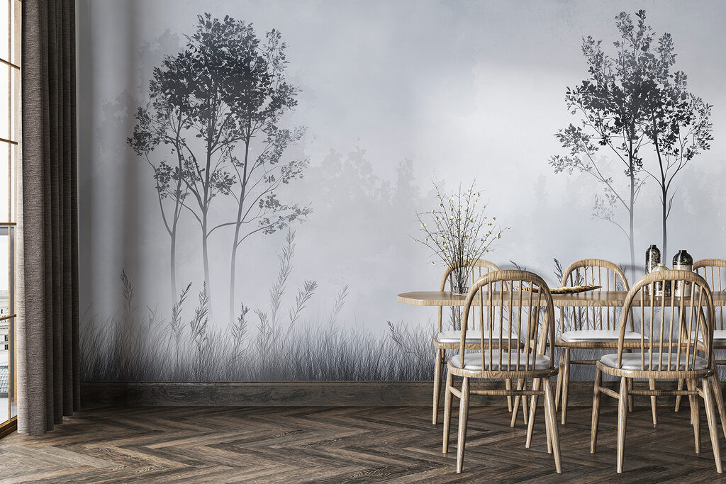 Foggy landscape with trees and grass Foggy landscape with trees and grass