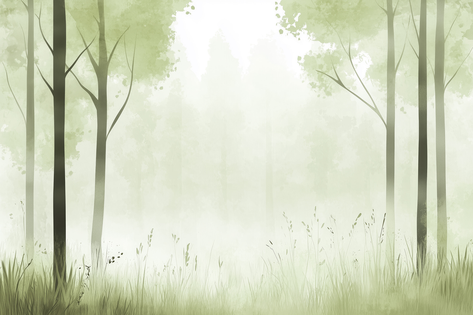 Foggy forest with trees and grass Foggy forest with trees and grass