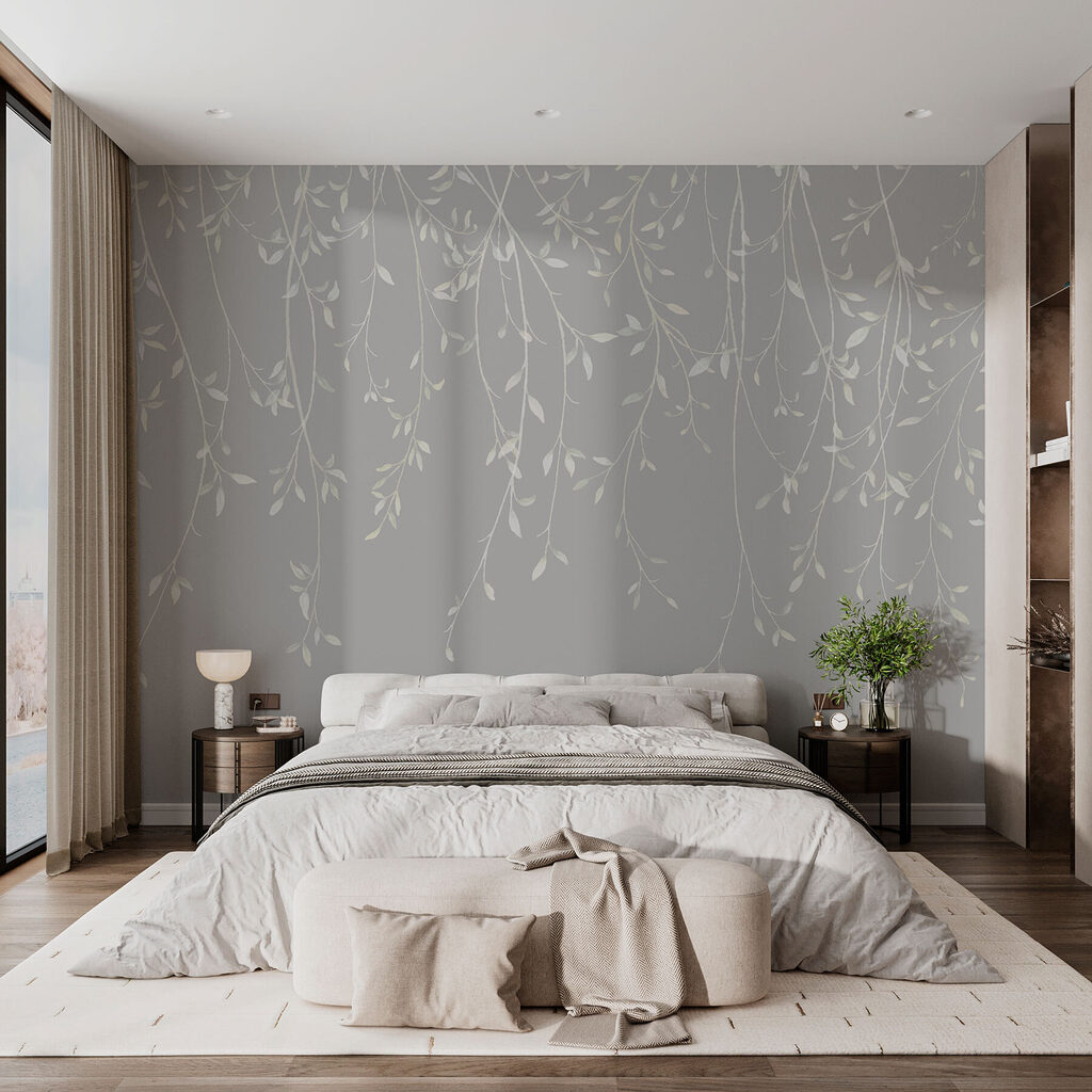 White and gray background with leaves