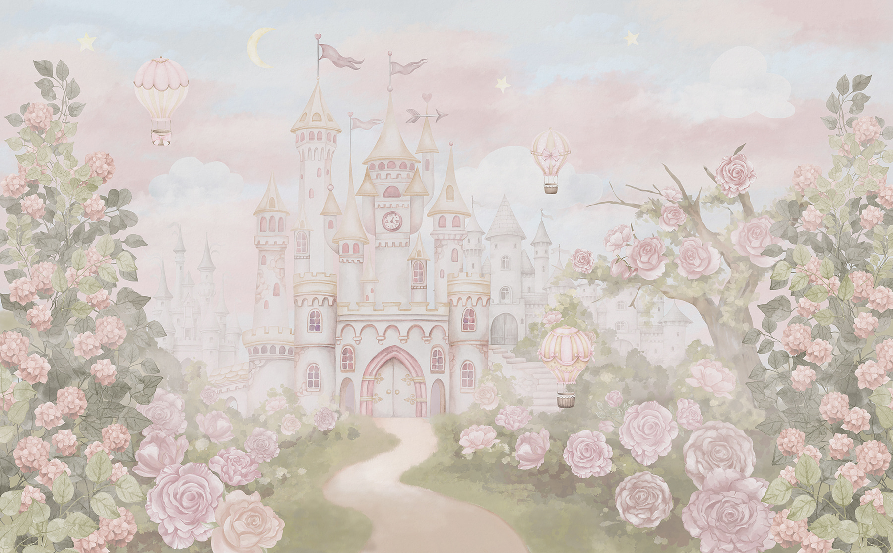 Castle with flowers and hot air balloons