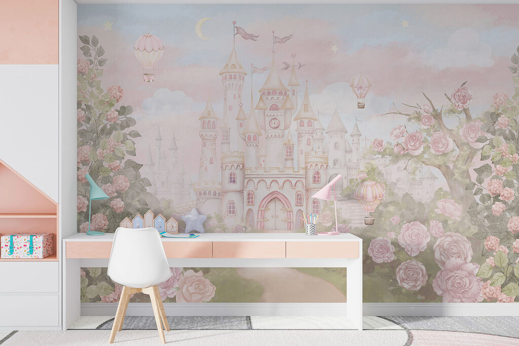 Castle with flowers and hot air balloons