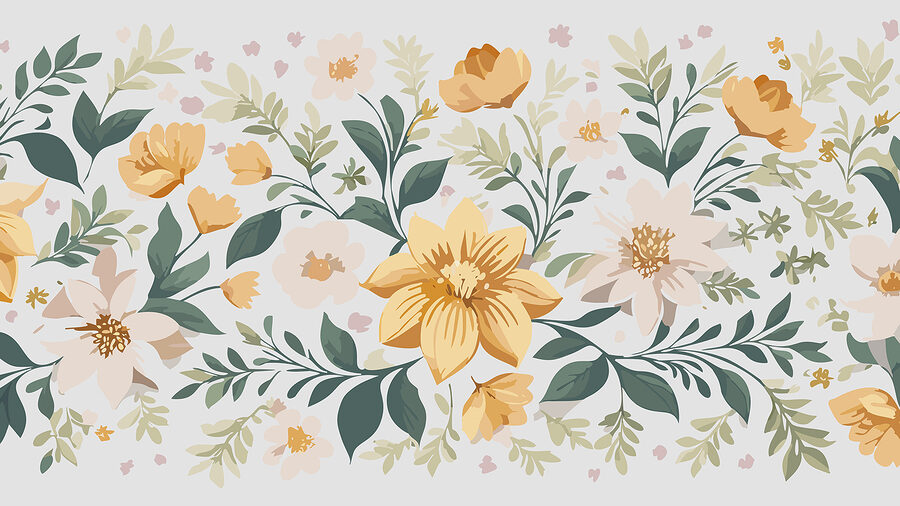 Design floral cu flori galbene și frunze verzi