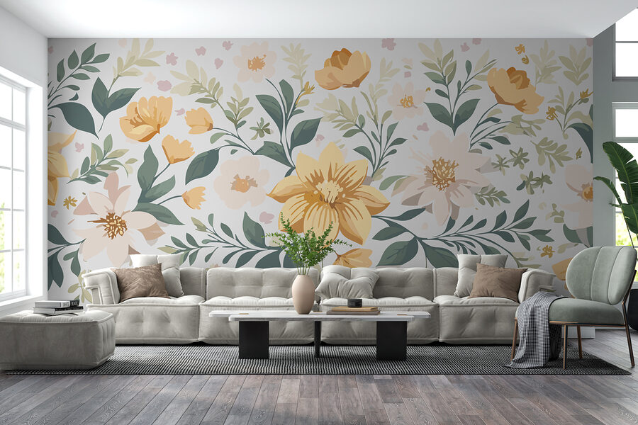 Design floral cu flori galbene și frunze verzi