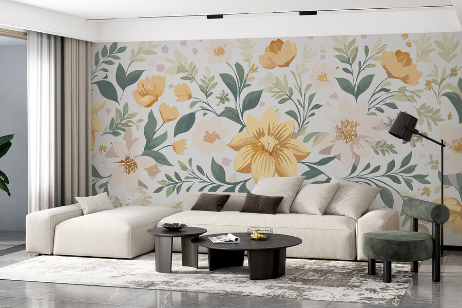 Design floral cu flori galbene și frunze verzi