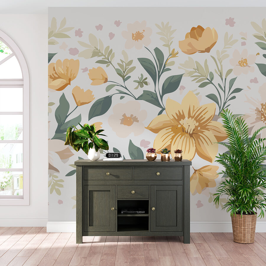 Design floral cu flori galbene și frunze verzi
