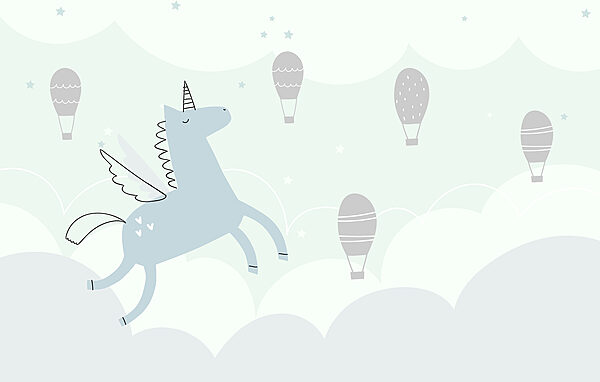 Unicorn albastru cu aripi și aripi care zboară pe cer cu baloane cu aer cald Unicorn albastru cu aripi și aripi care zboară pe cer cu baloane cu aer cald