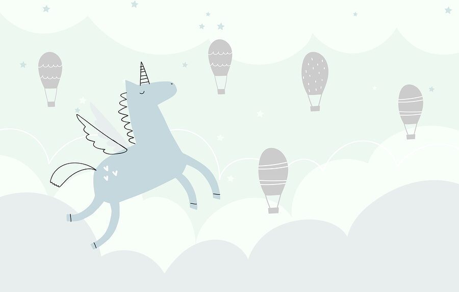 Unicorn albastru cu aripi și aripi care zboară pe cer cu baloane cu aer cald