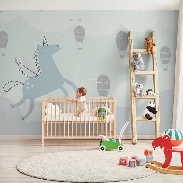 Unicorn albastru cu aripi și aripi care zboară pe cer cu baloane cu aer cald Unicorn albastru cu aripi și aripi care zboară pe cer cu baloane cu aer cald