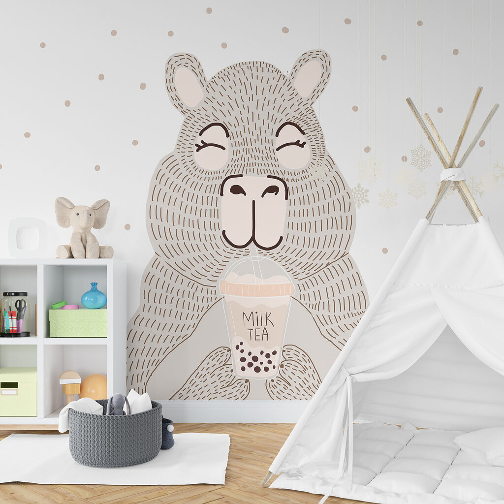 Cartoon of a bear holding a bubble tea