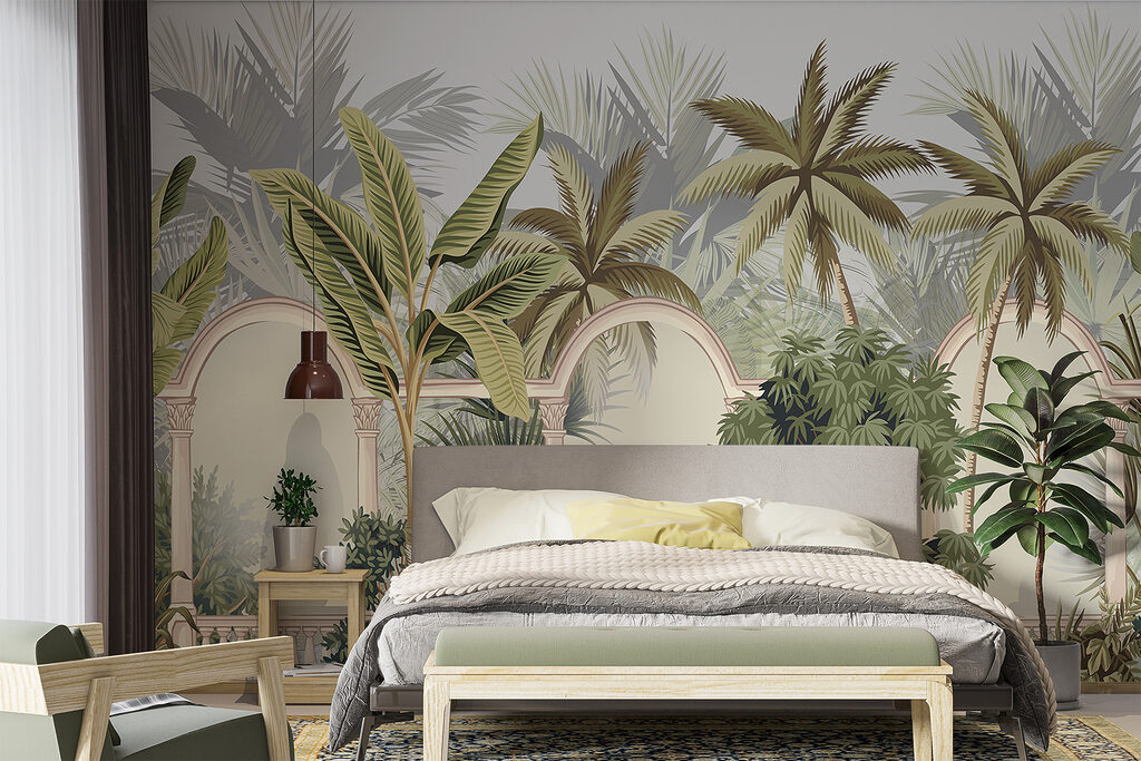 Wallpaper with palm trees and arches