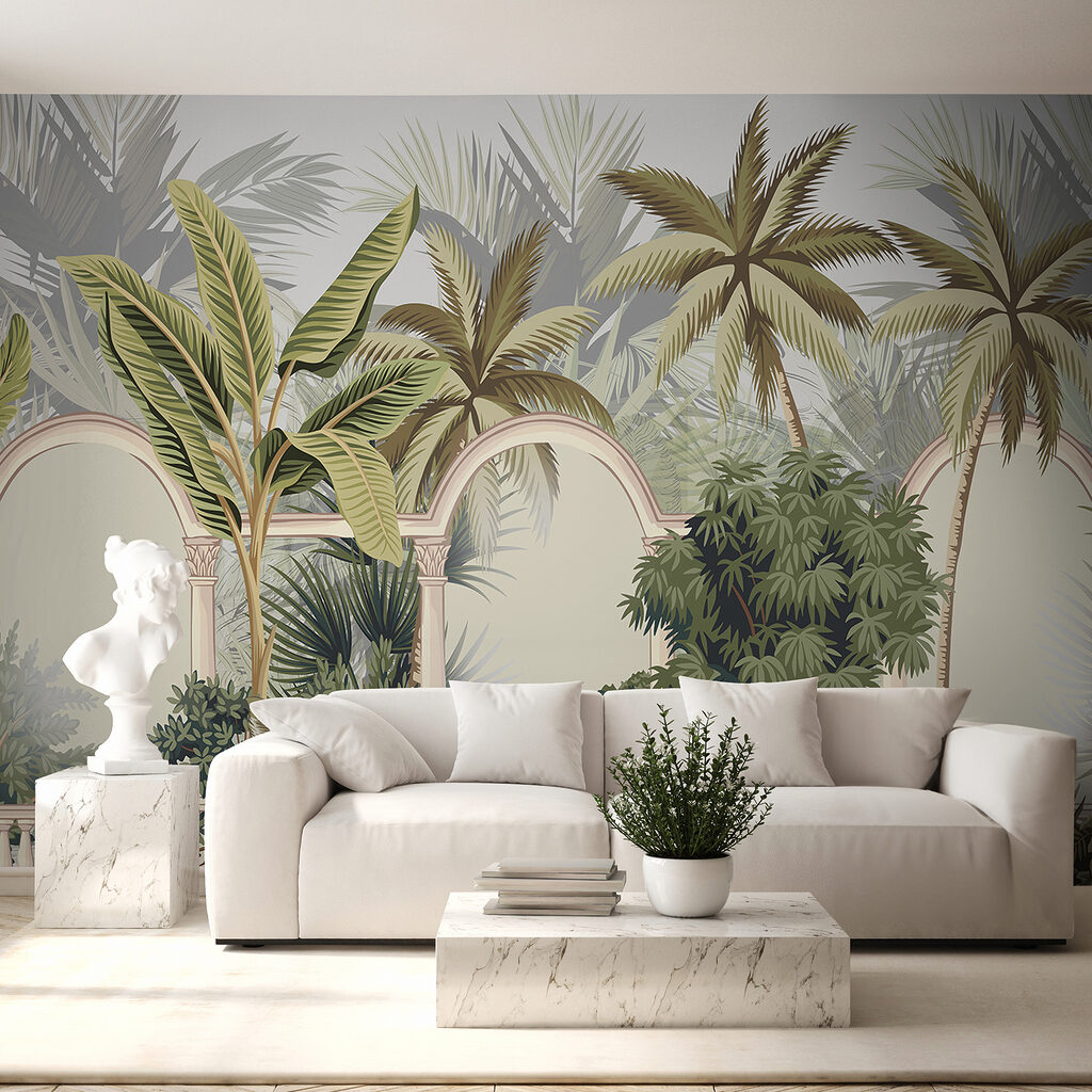 Wallpaper with palm trees and arches