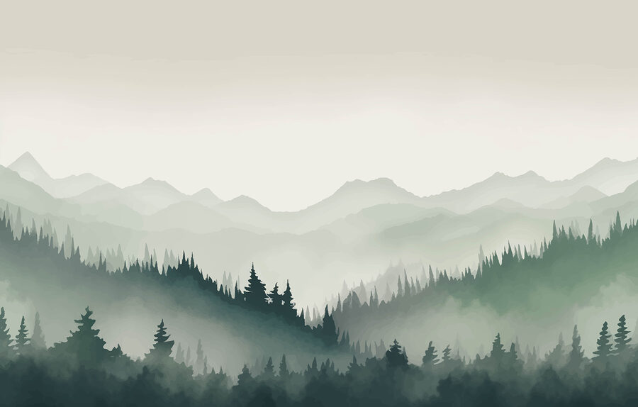 Foggy peisaj montan cu copaci și munți
