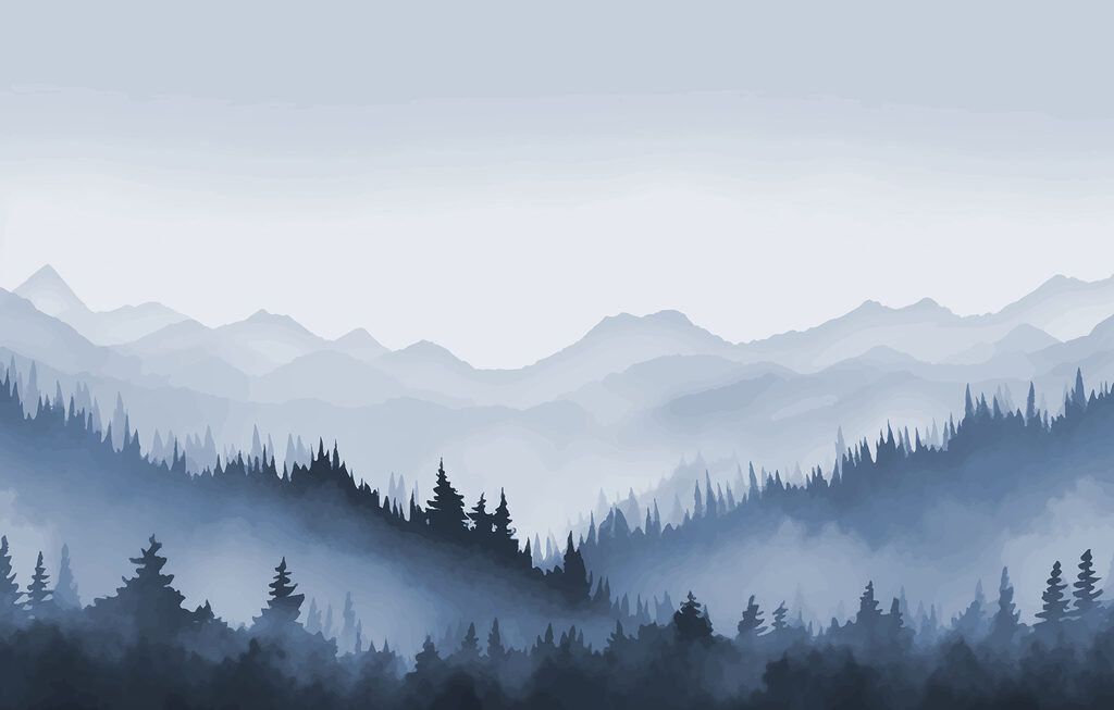 Foggy peisaj montan cu copaci și munți Foggy peisaj montan cu copaci și munți