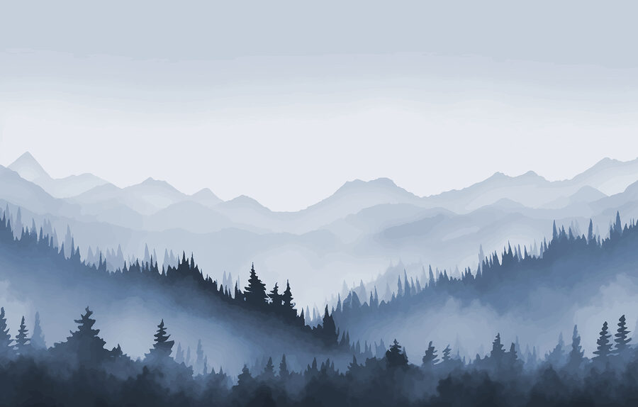 Foggy peisaj montan cu copaci și munți