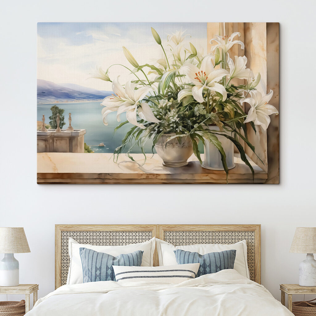 Painting of a white flower pot with white flowers Painting of a white flower pot with white flowers